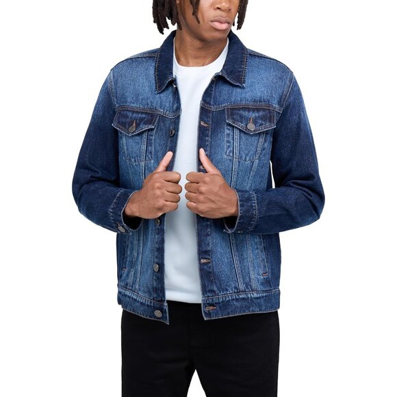 Mens Blue Denim Jacket Washed Ripped Distressed Stretch Casual Trucker - Picture 4 of 9
